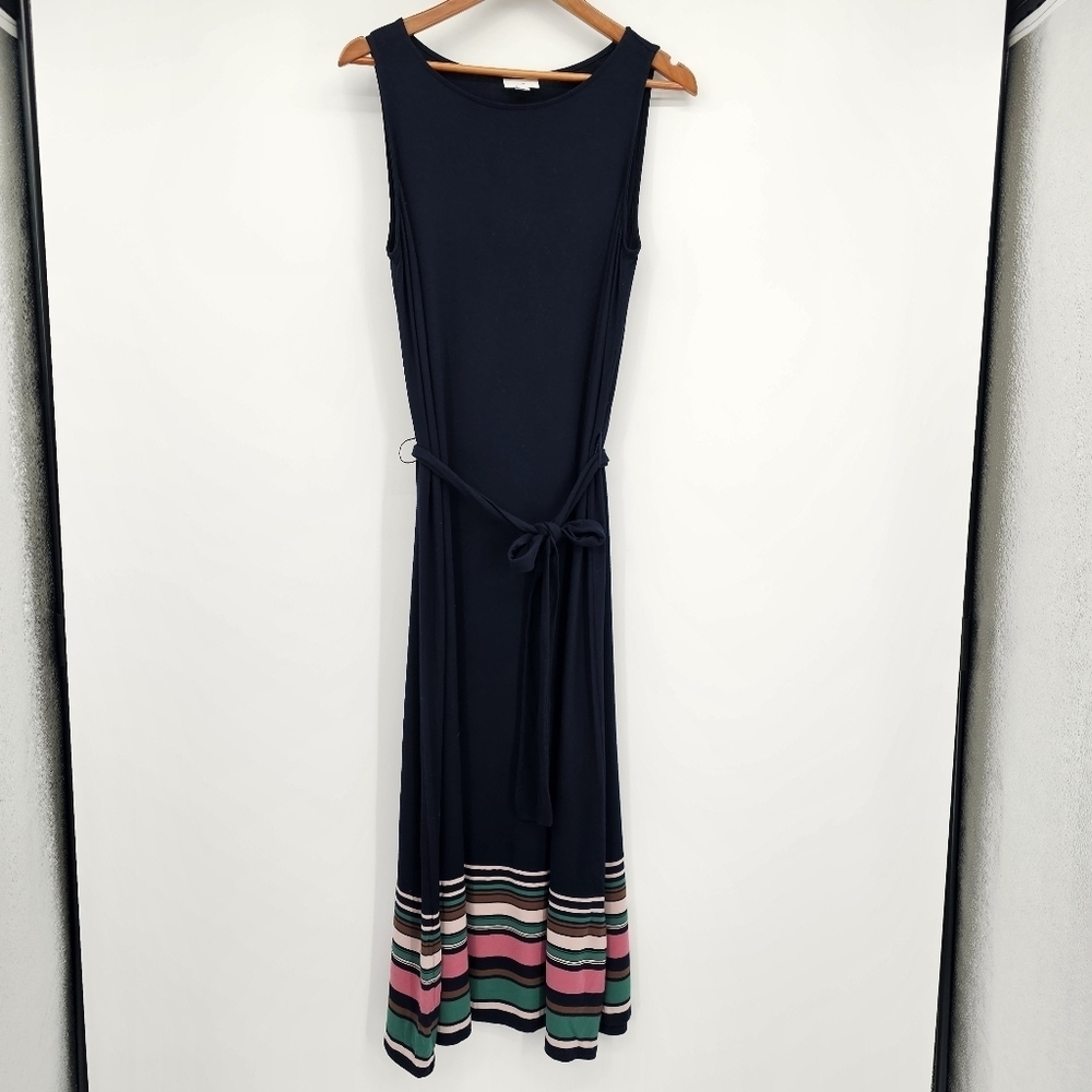 J Jill Sleeveless Jersey Knit Belted Maxi Dress Navy Blue Preppy Nautical Size M